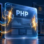 Две трещины в защитной панели PHP на фоне серверов и сайтов на паузе — концептуальная иллюстрация