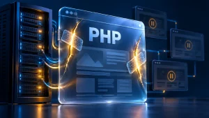 Две трещины в защитной панели PHP на фоне серверов и сайтов на паузе — концептуальная иллюстрация
