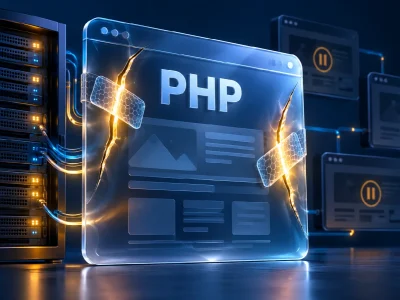 Две трещины в защитной панели PHP на фоне серверов и сайтов на паузе — концептуальная иллюстрация