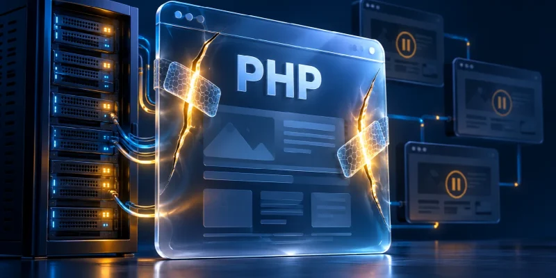 Две трещины в защитной панели PHP на фоне серверов и сайтов на паузе — концептуальная иллюстрация